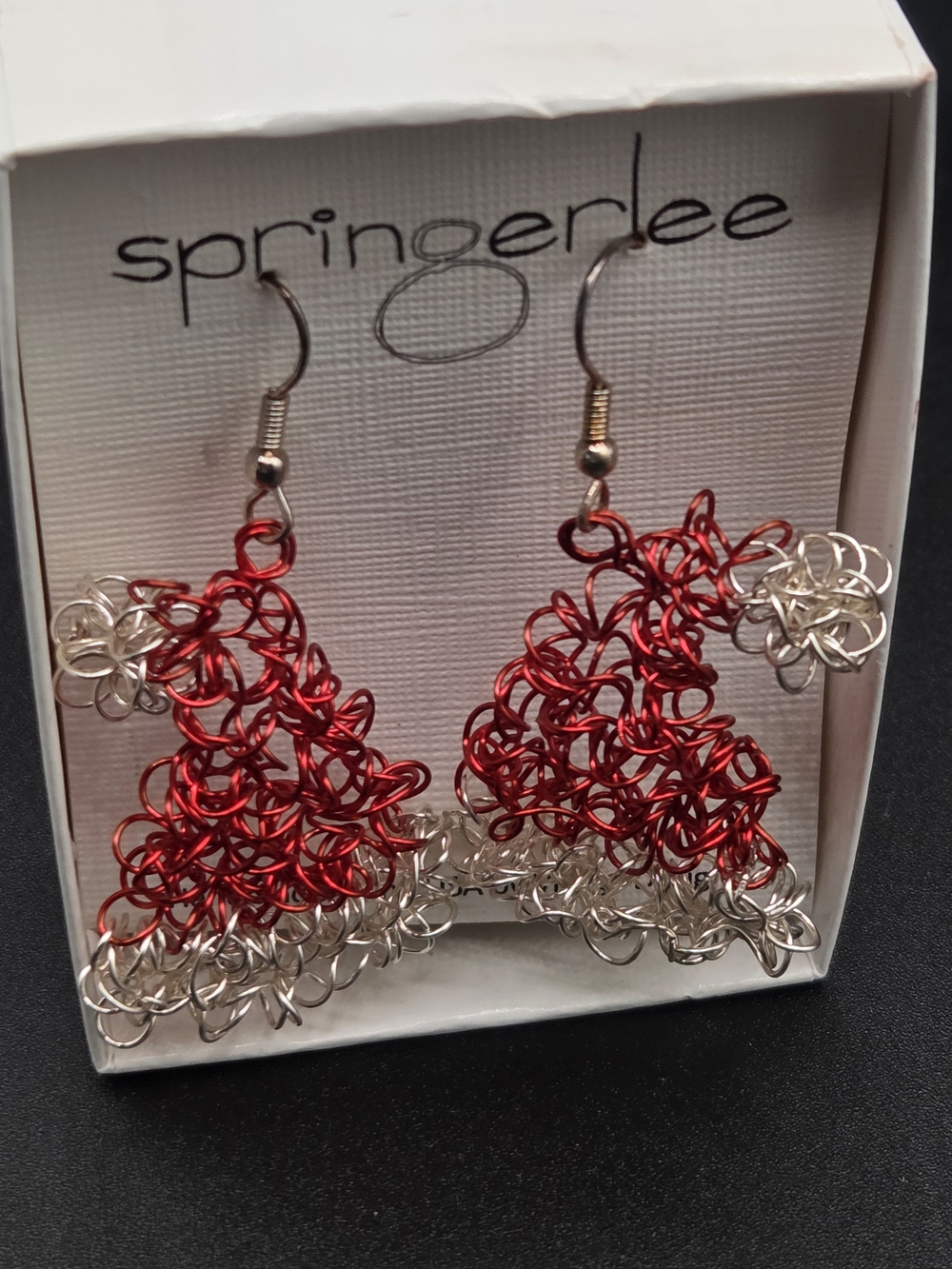 Holiday Santa Hat Red and Silver Wire Mesh Dangle Earrings